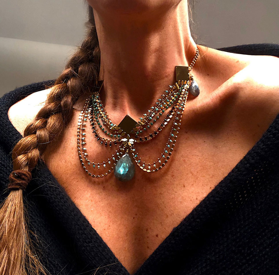 collier créateur amovible verre laiton et gouttes de labradorite paris